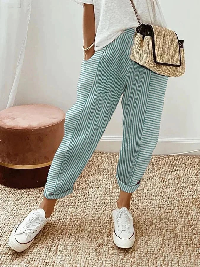 Women's Striped Summer Pants with Cuffed Hem