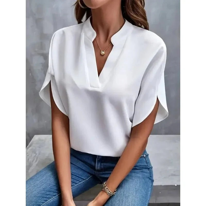 Women's Summer Blouse with V-Neck and Split Sleeves