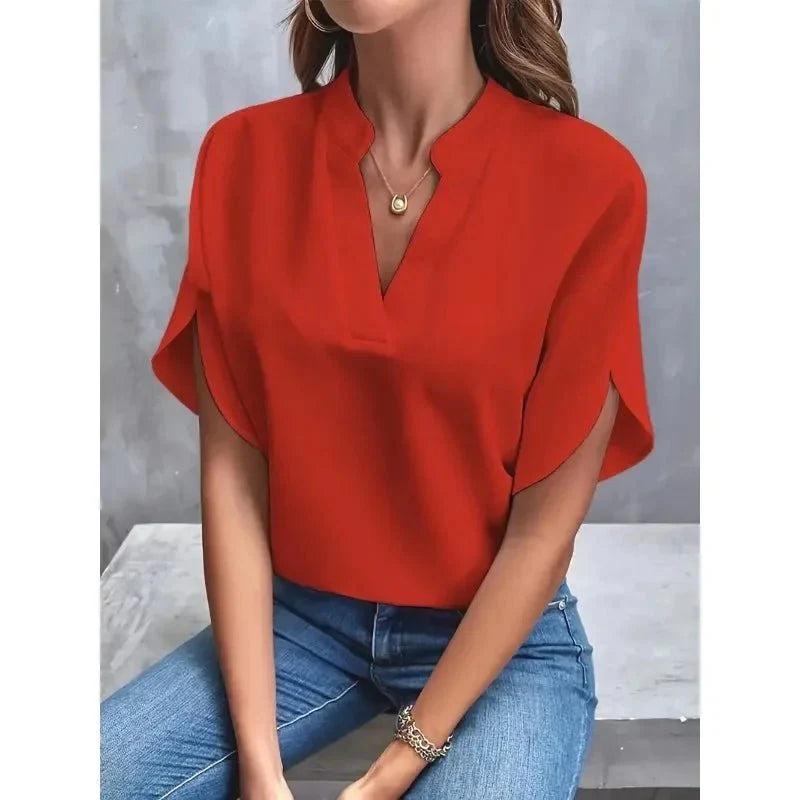 Women's Summer Blouse with V-Neck and Split Sleeves