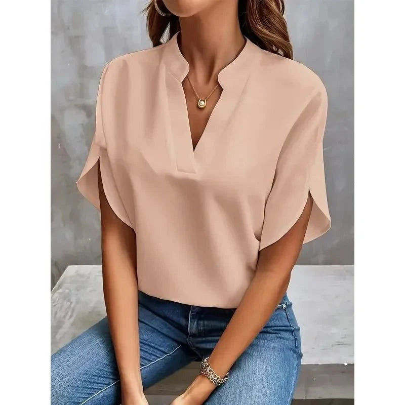 Women's Summer Blouse with V-Neck and Split Sleeves