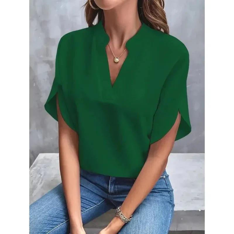 Women's Summer Blouse with V-Neck and Split Sleeves