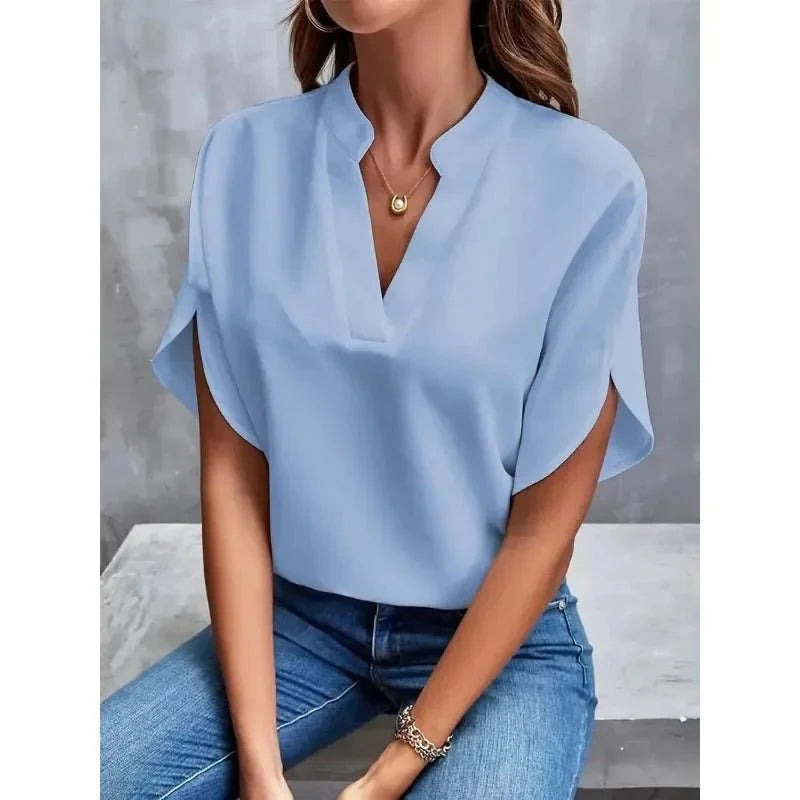 Women's Summer Blouse with V-Neck and Split Sleeves