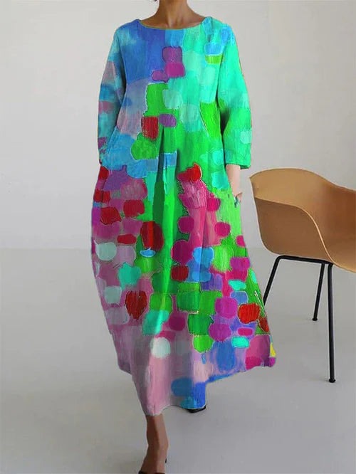 Women's Summer Boho Maxi Dress with Scoop Neckline and 3/4 Sleeves