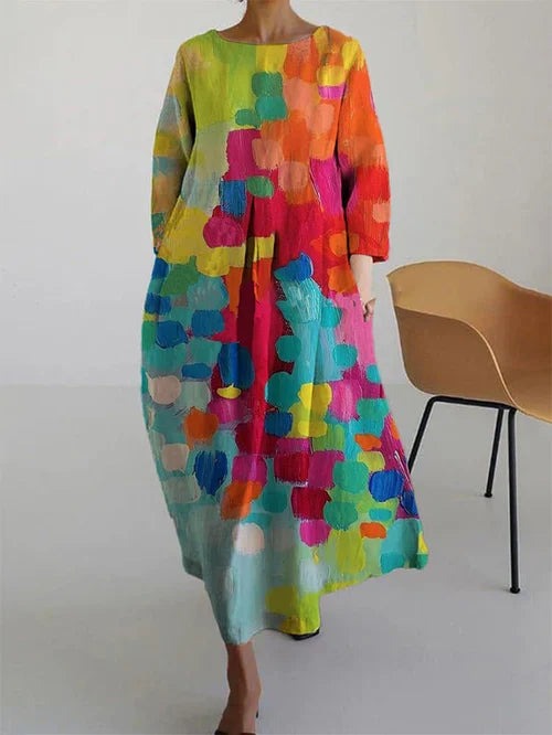 Women's Summer Boho Maxi Dress with Scoop Neckline and 3/4 Sleeves