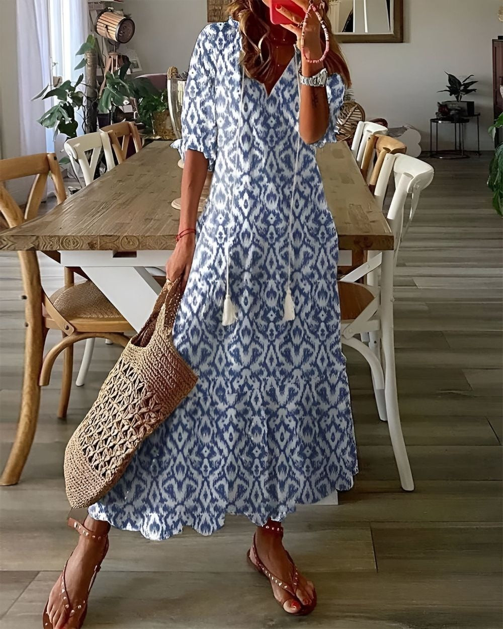 Women's Summer Boho Maxi Dress with Tassel Tie Neckline