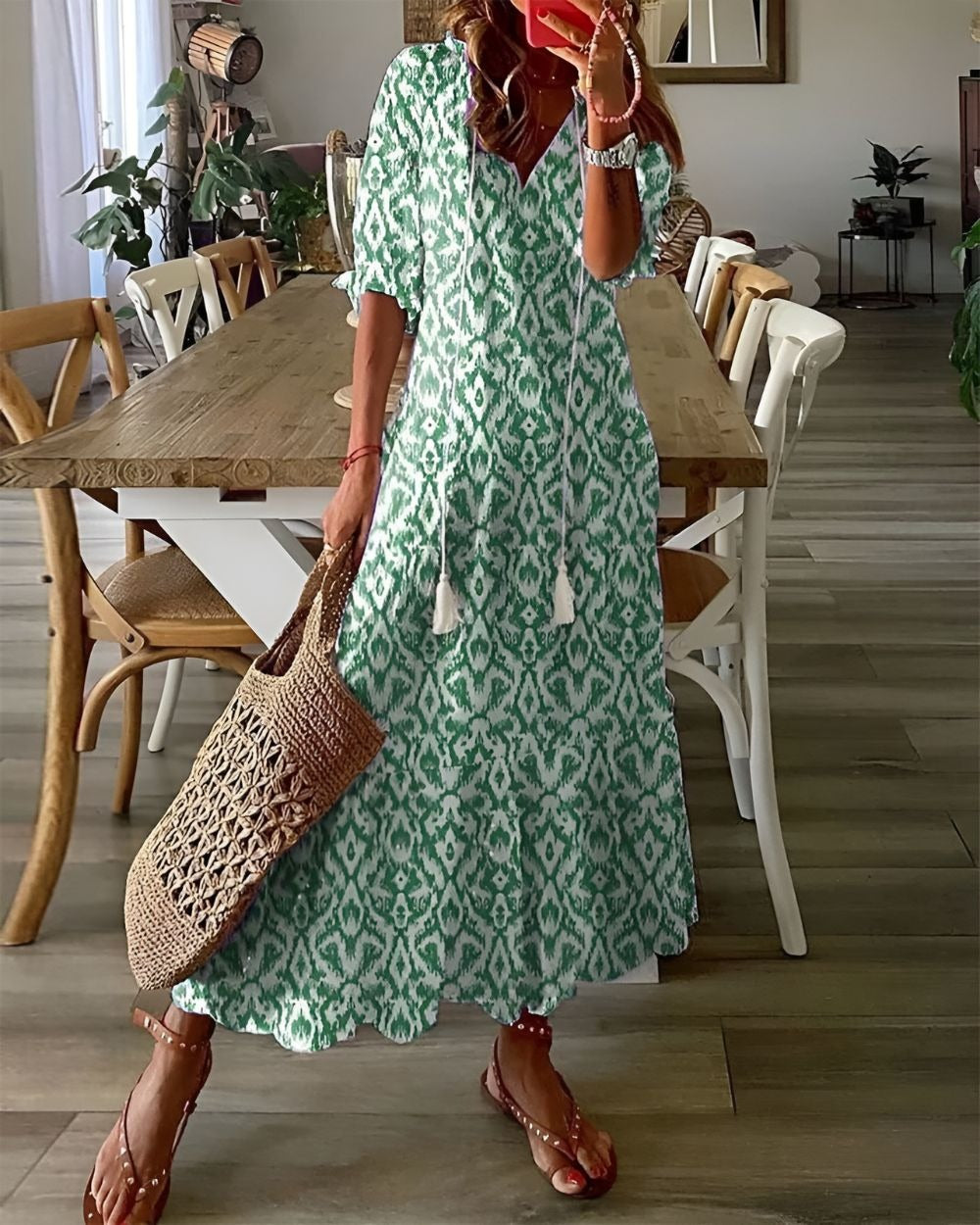 Women's Summer Boho Maxi Dress with Tassel Tie Neckline