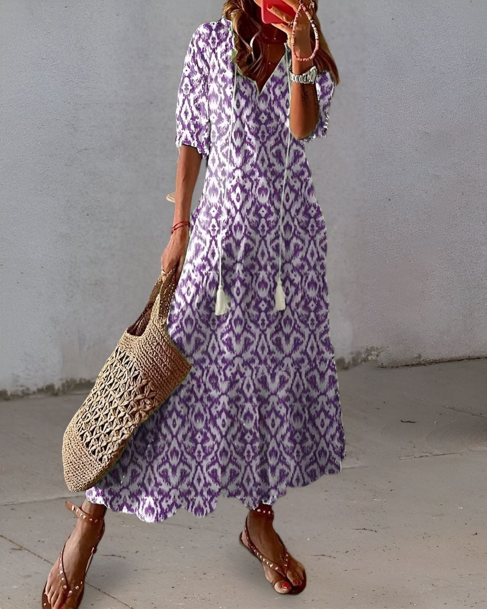 Women's Summer Boho Maxi Dress with Tassel Tie Neckline