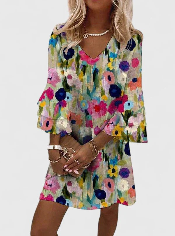 Women's Summer Floral Dress with V-Neck and Ruffle Sleeves