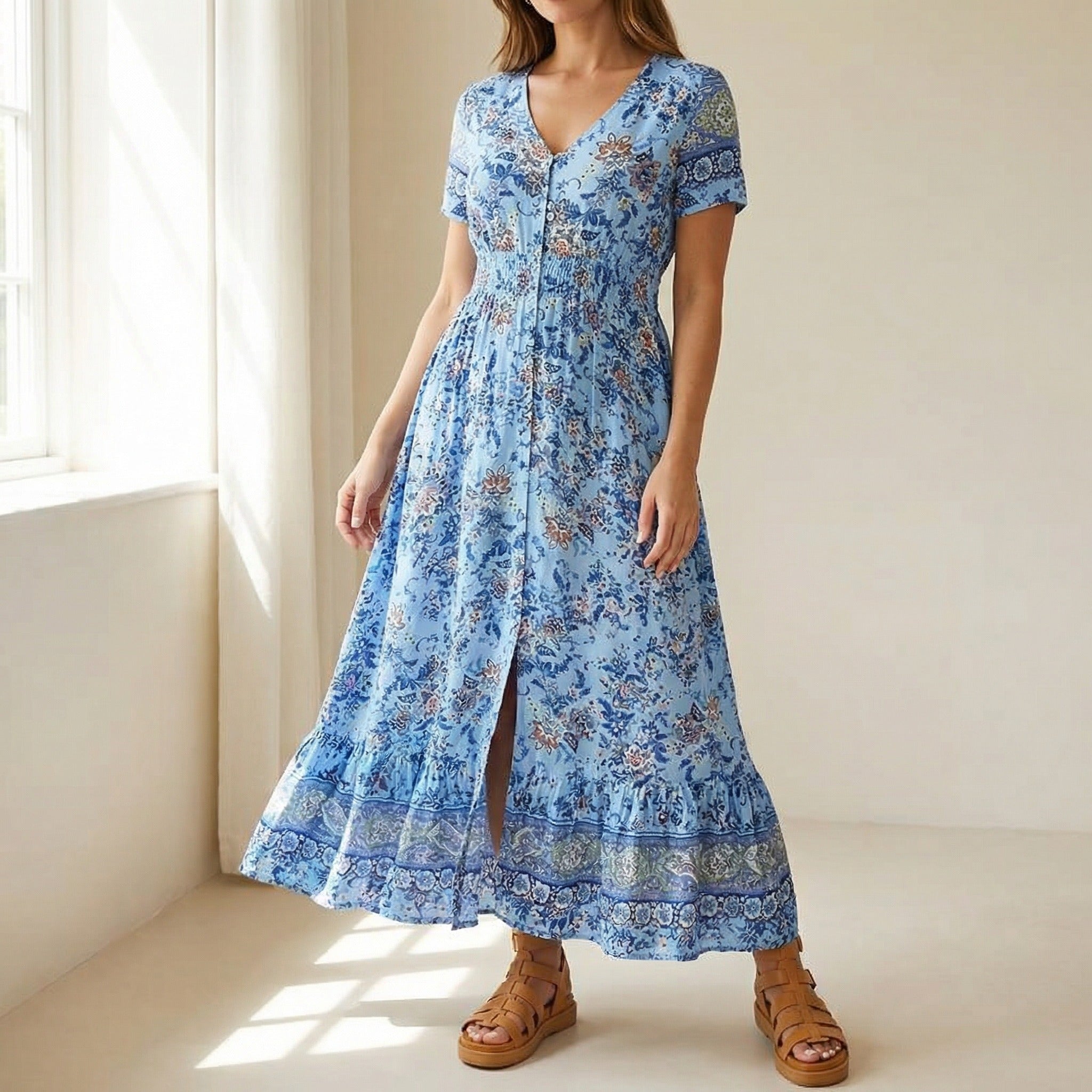 Women's Summer Floral Maxi Dress with Button Front