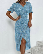 Women's Summer Floral Midi Dress with Puff Sleeves and V-Neck