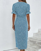 Women's Summer Floral Midi Dress with Puff Sleeves and V-Neck