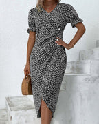 Women's Summer Floral Midi Dress with Puff Sleeves and V-Neck
