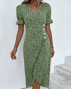 Women's Summer Floral Midi Dress with Puff Sleeves and V-Neck