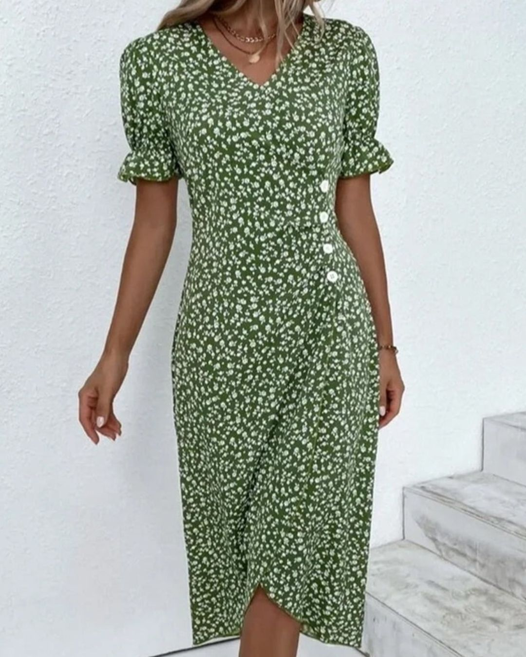 Women's Summer Floral Midi Dress with Puff Sleeves and V-Neck