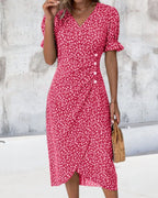 Women's Summer Floral Midi Dress with Puff Sleeves and V-Neck