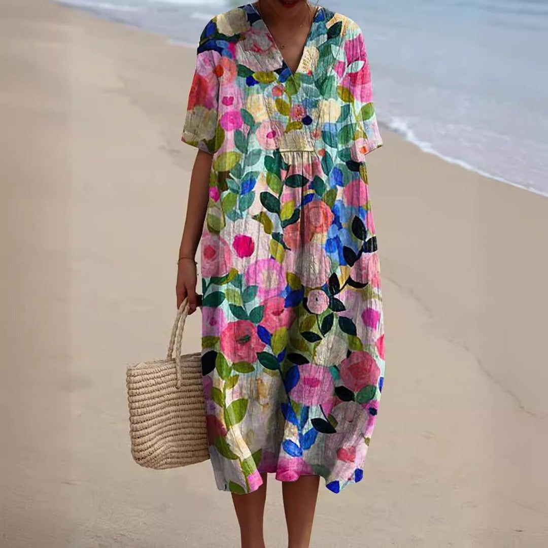 Women's Summer Floral Midi Dress with V-Neck