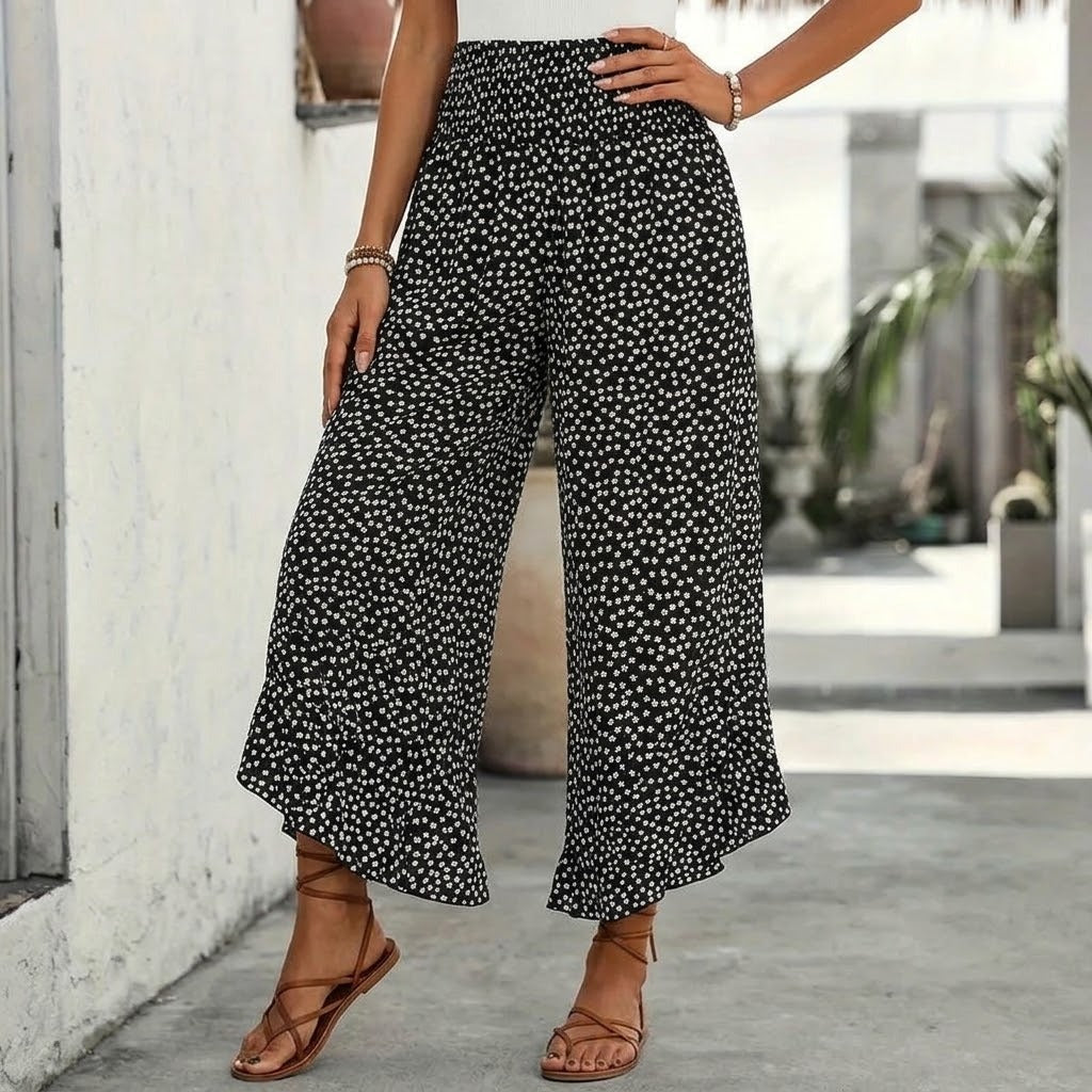 Women's Summer Floral Wide Leg Pants with Smocked Waist