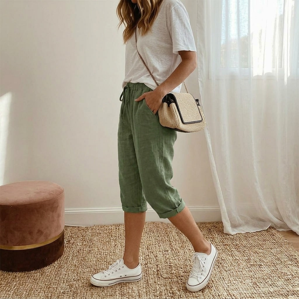 Women's Summer Linen Capri Pants with Drawstring Waist and Pockets
