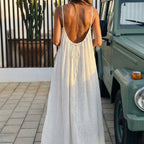Women's Summer Linen Maxi Dress with Open Back