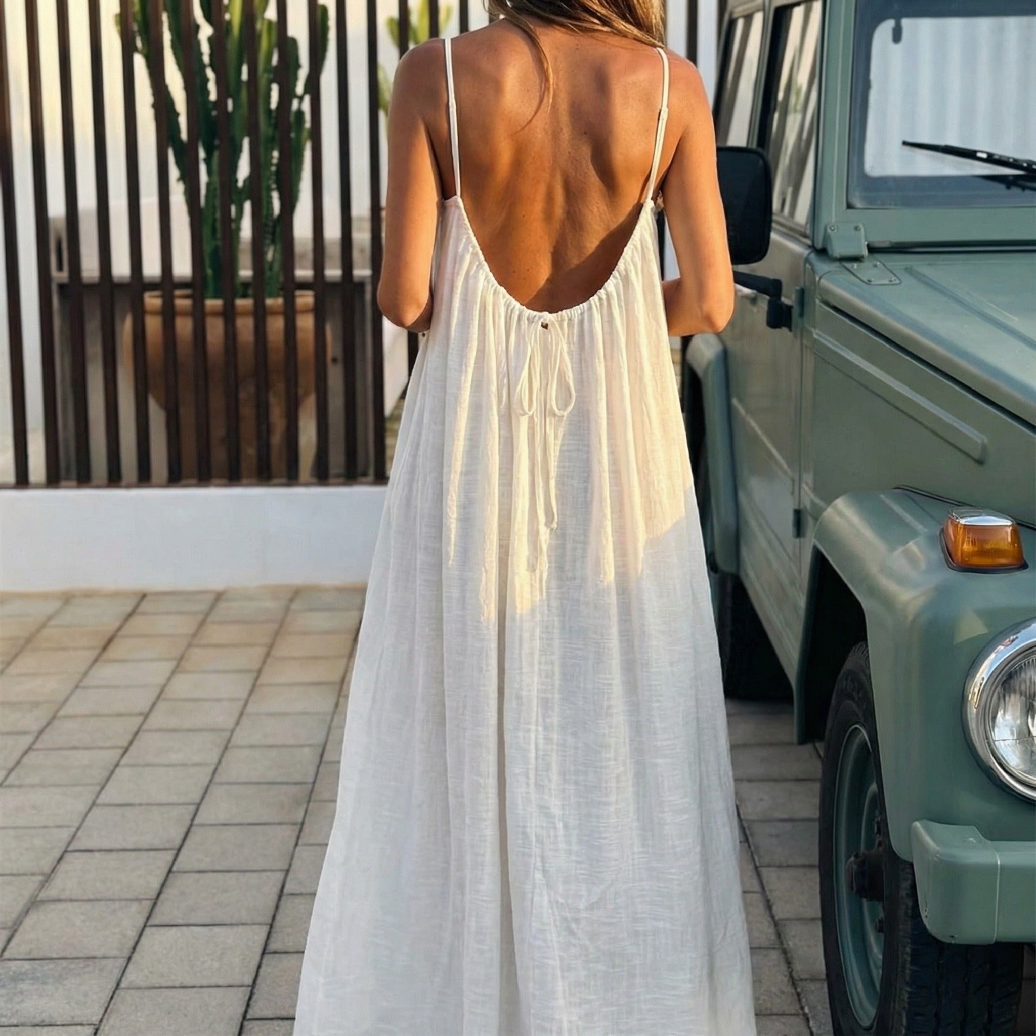 Women's Summer Linen Maxi Dress with Open Back