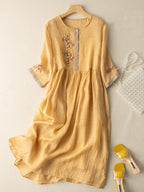 Women's Summer Linen Midi Dress with Embroidered Detail