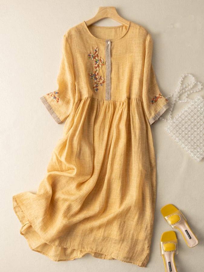 Women's Summer Linen Midi Dress with Embroidered Detail