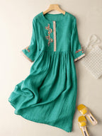 Women's Summer Linen Midi Dress with Embroidered Detail