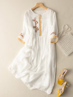 Women's Summer Linen Midi Dress with Embroidered Detail