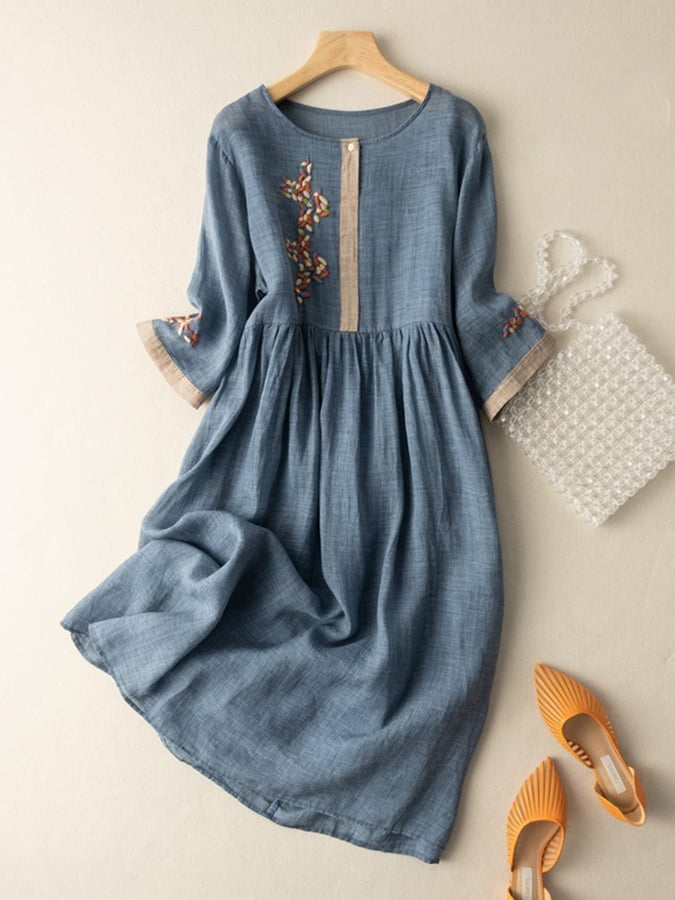 Women's Summer Linen Midi Dress with Embroidered Detail