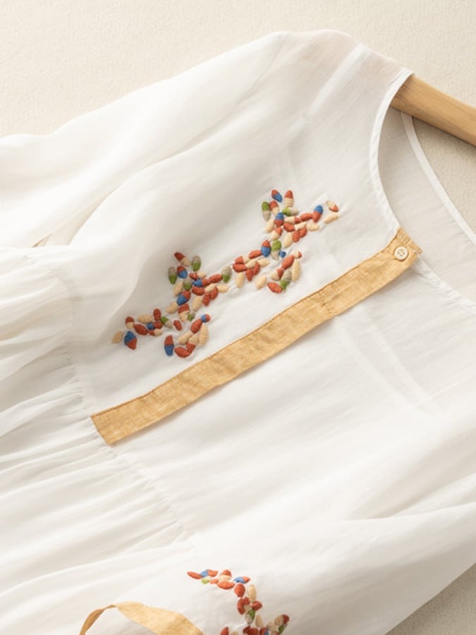 Women's Summer Linen Midi Dress with Embroidered Detail