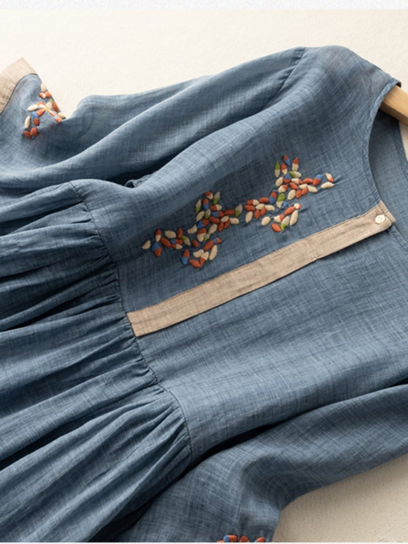 Women's Summer Linen Midi Dress with Embroidered Detail