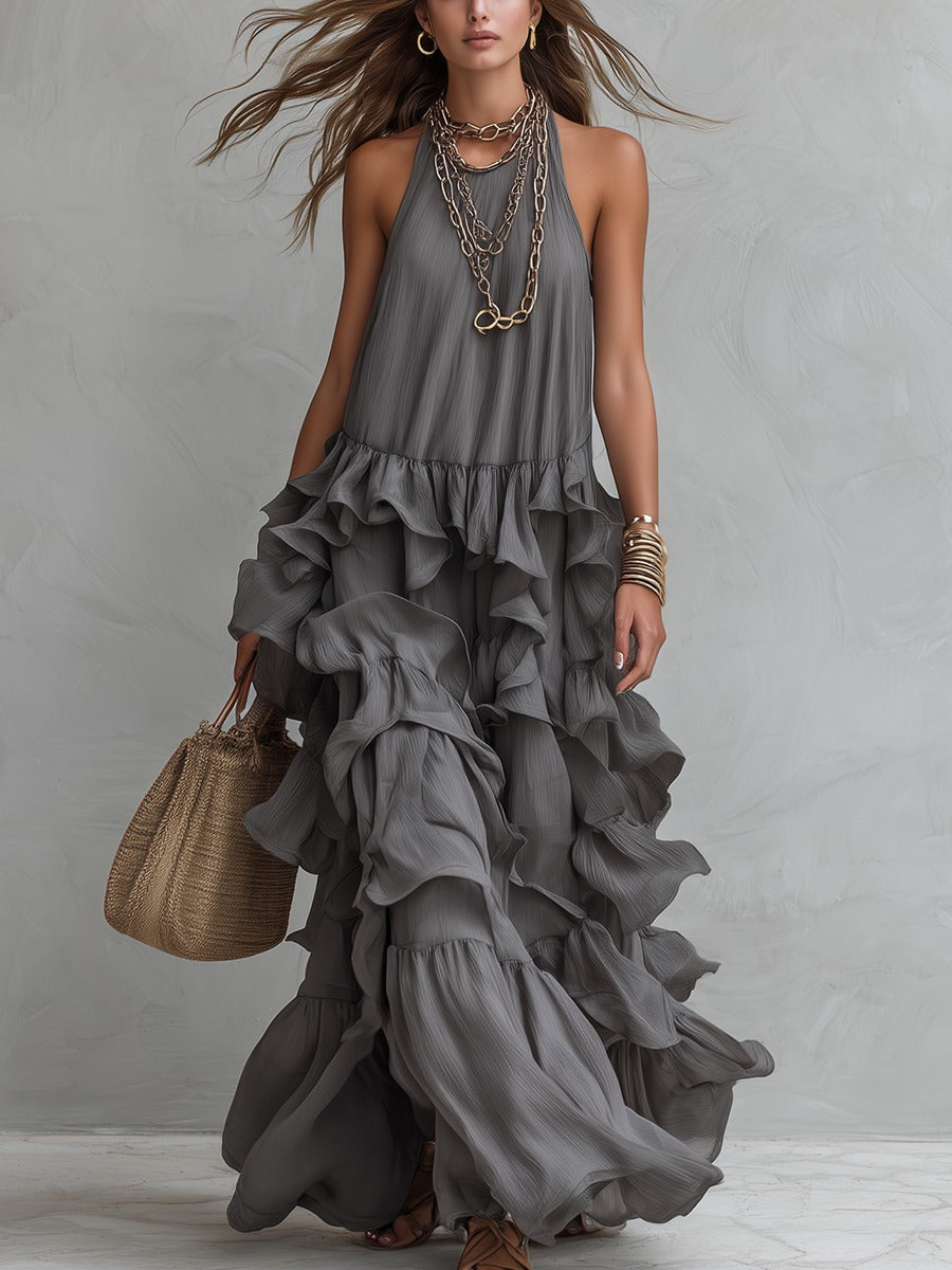 Women's Summer Maxi Dress with Halter Neck and Ruffle Skirt