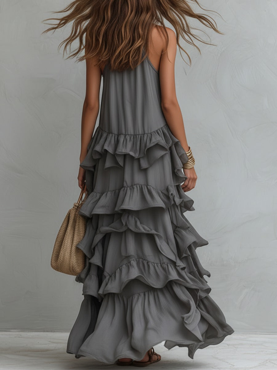 Women's Summer Maxi Dress with Halter Neck and Ruffle Skirt