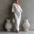 Women's Summer Maxi Dress with Off-Shoulder Neckline and Puff Sleeve