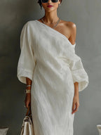 Women's Summer Maxi Dress with Off-Shoulder Neckline and Puff Sleeve