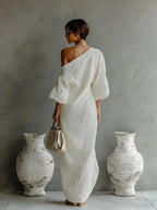 Women's Summer Maxi Dress with Off-Shoulder Neckline and Puff Sleeve
