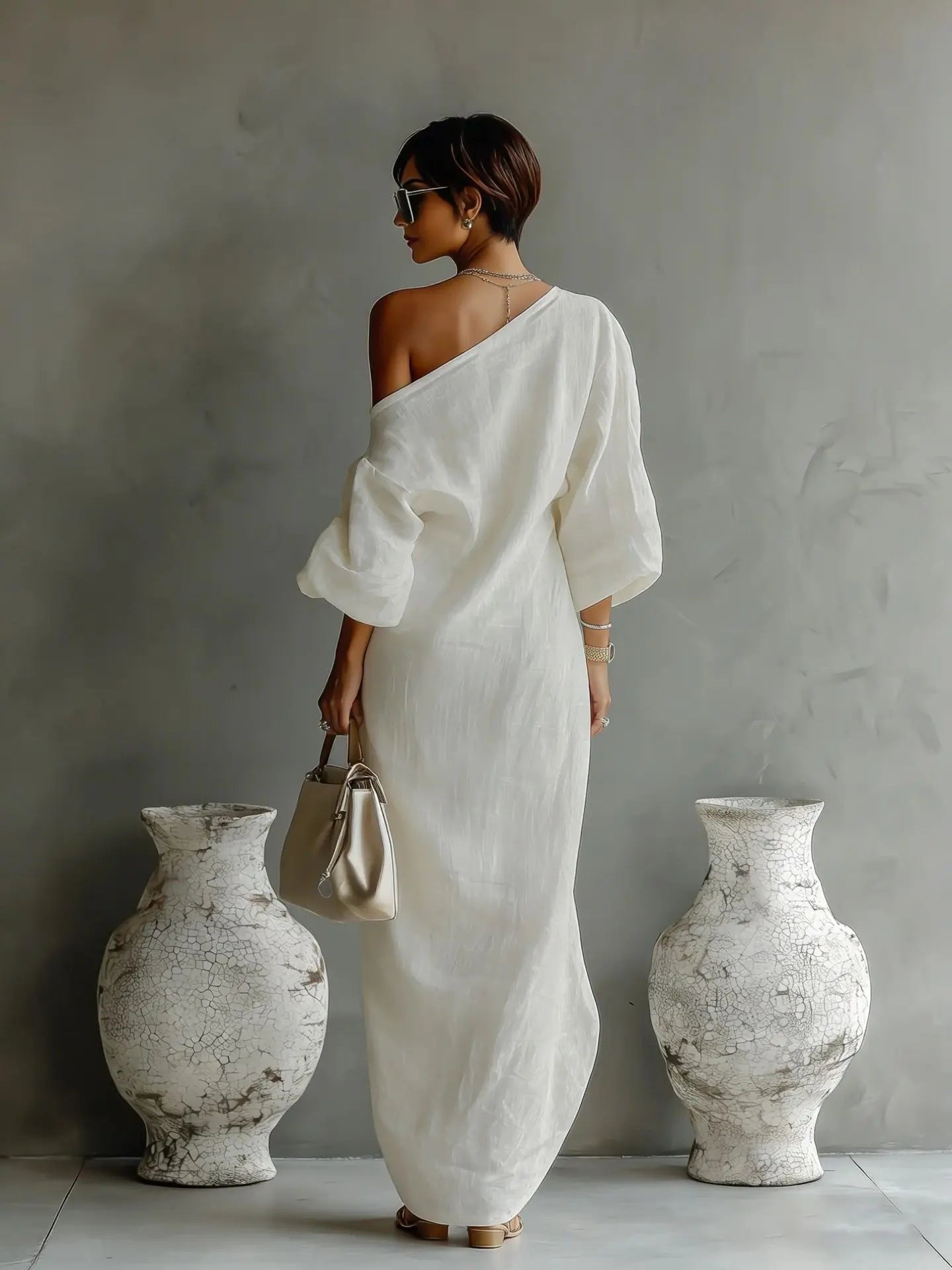 Women's Summer Maxi Dress with Off-Shoulder Neckline and Puff Sleeve