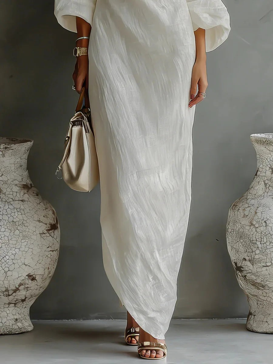 Women's Summer Maxi Dress with Off-Shoulder Neckline and Puff Sleeve