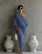 Women's Summer Maxi Dress with Off-Shoulder Neckline and Puff Sleeve