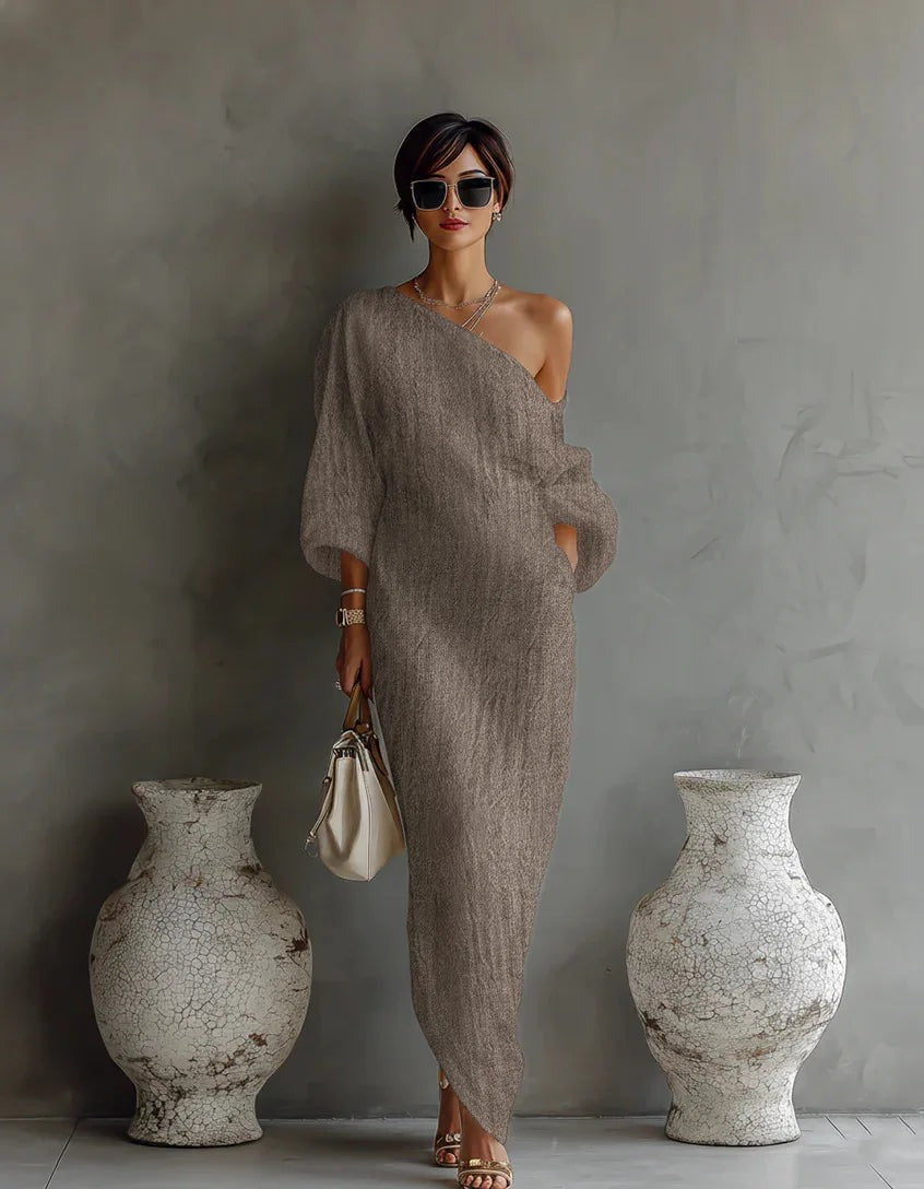 Women's Summer Maxi Dress with Off-Shoulder Neckline and Puff Sleeve