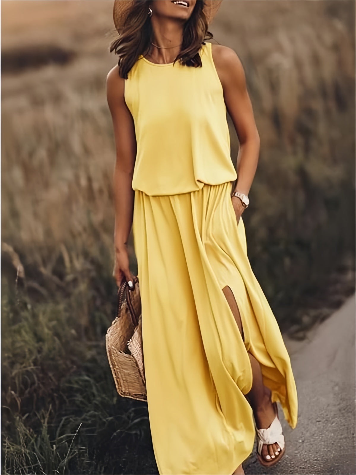 Women's Summer Maxi Dress with Pockets and Side Slit