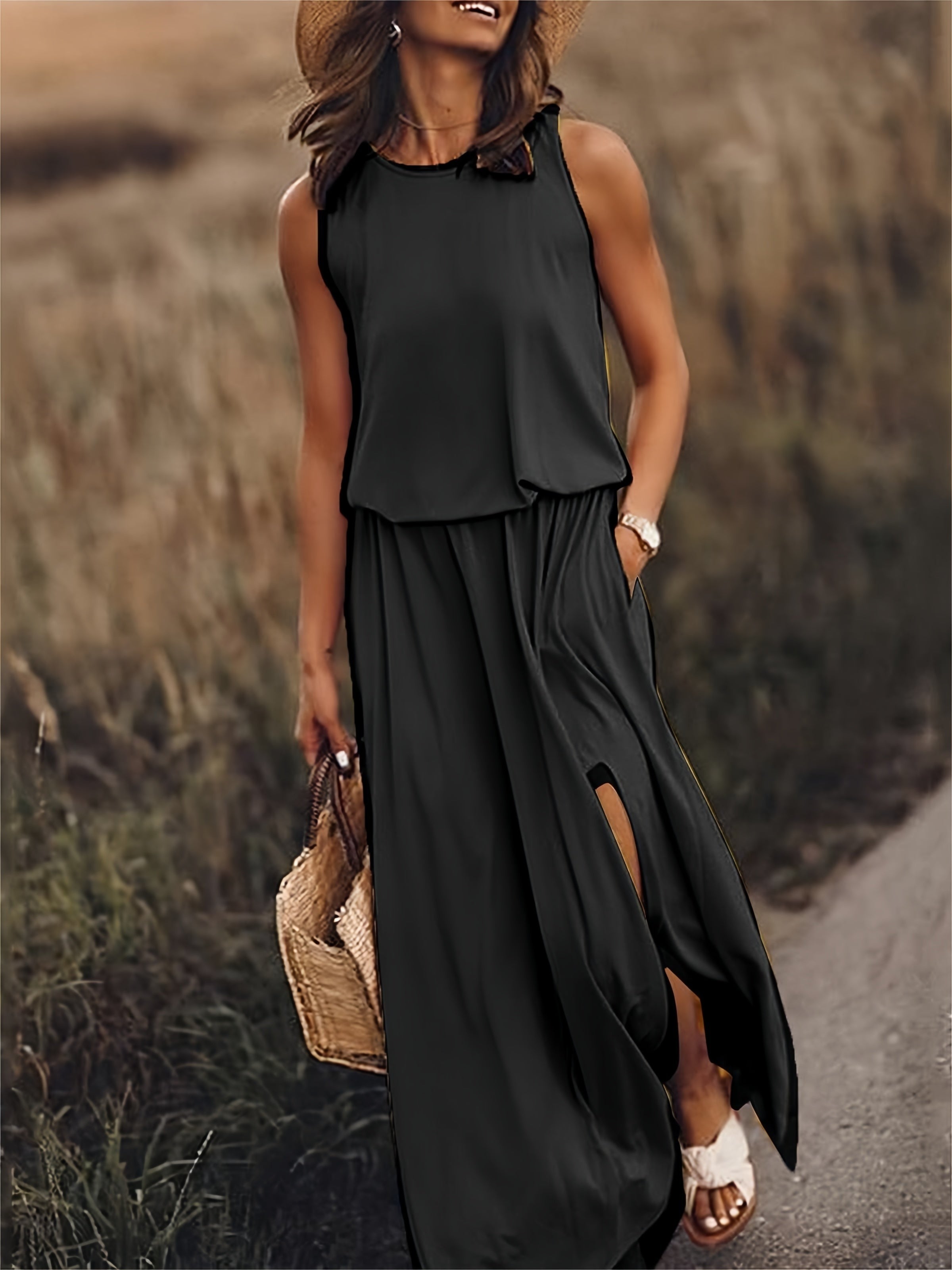 Women's Summer Maxi Dress with Pockets and Side Slit