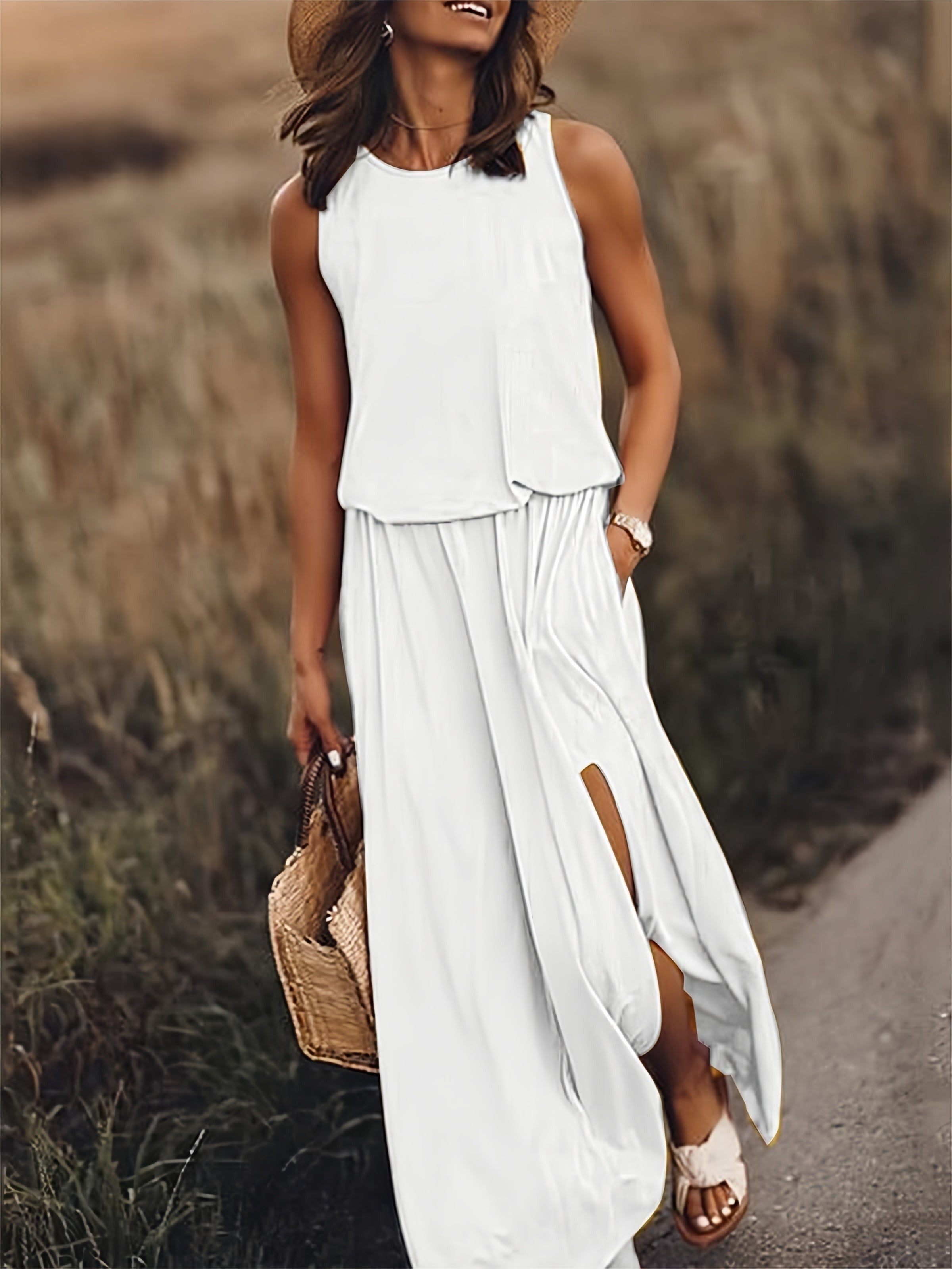 Women's Summer Maxi Dress with Pockets and Side Slit