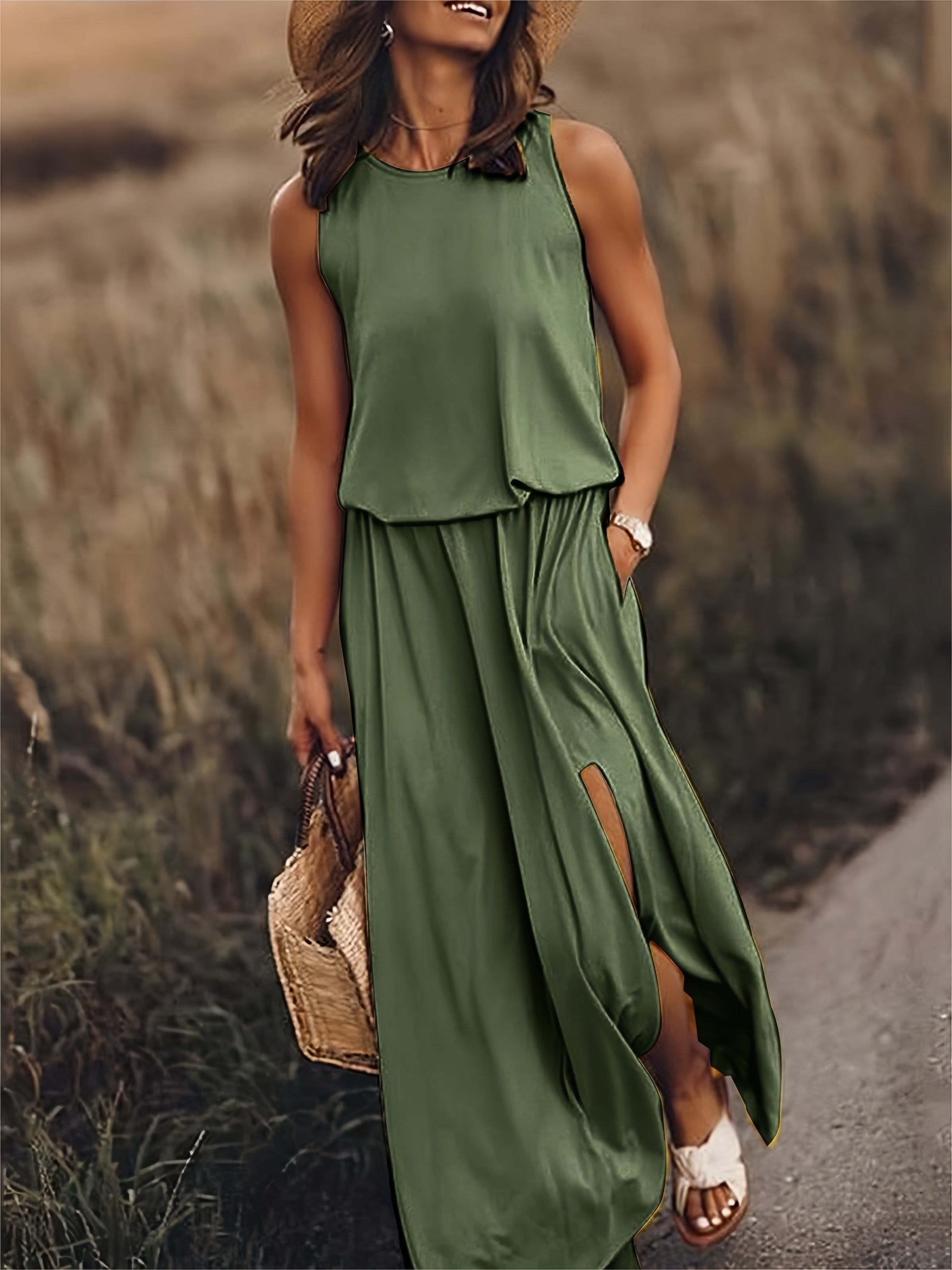 Women's Summer Maxi Dress with Pockets and Side Slit