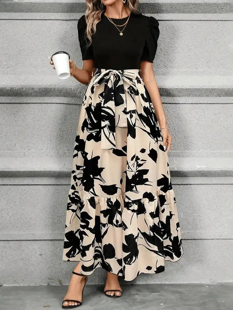 Women's Summer Maxi Dress with Puff Sleeves and Tie Waist