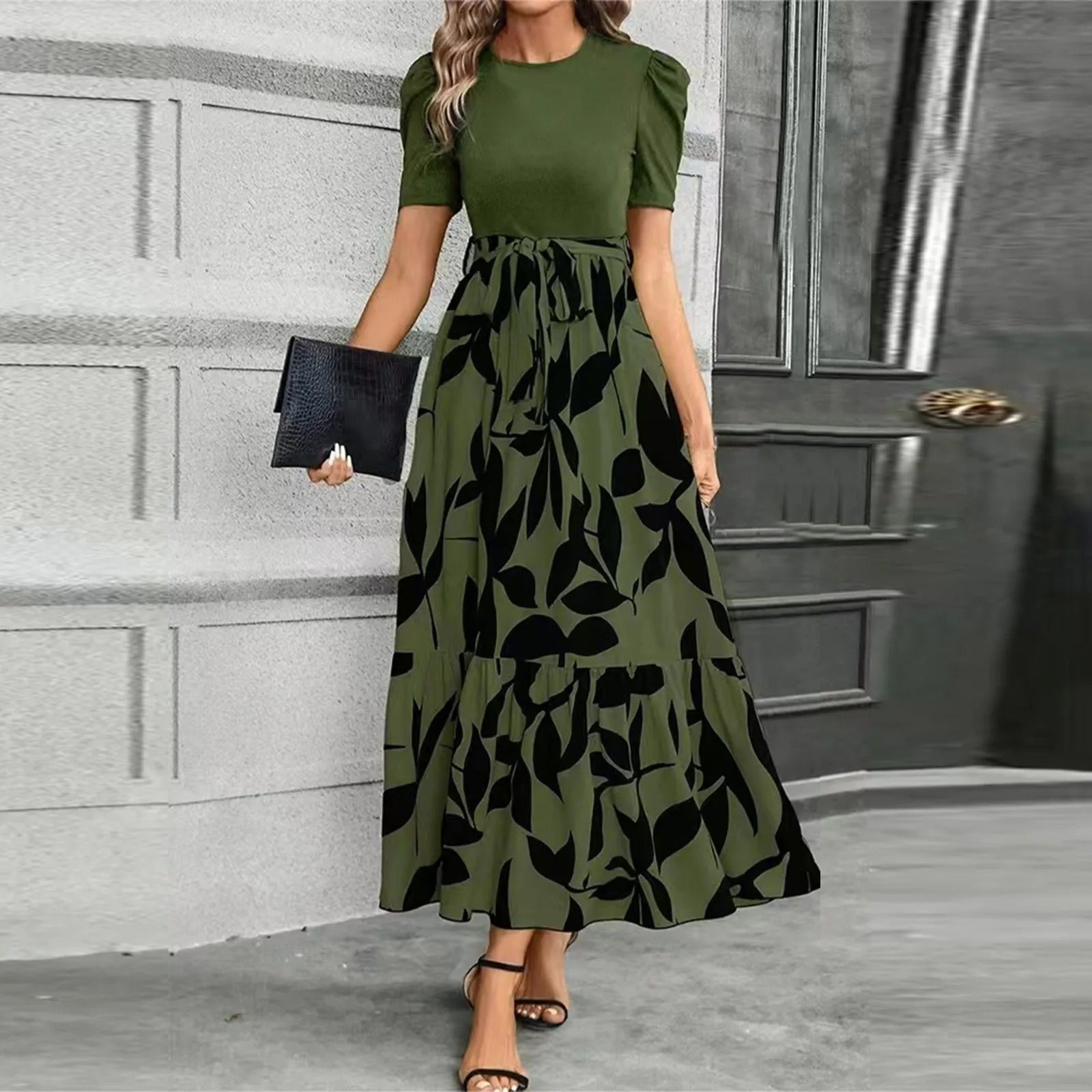 Women's Summer Maxi Dress with Puff Sleeves and Tie Waist