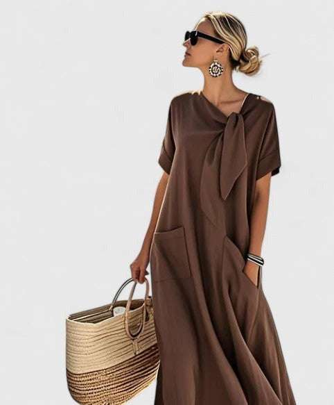 Women's Summer Maxi Dress with Tie Neckline and Pockets