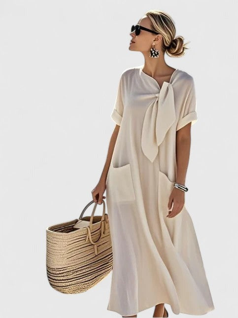 Women's Summer Maxi Dress with Tie Neckline and Pockets