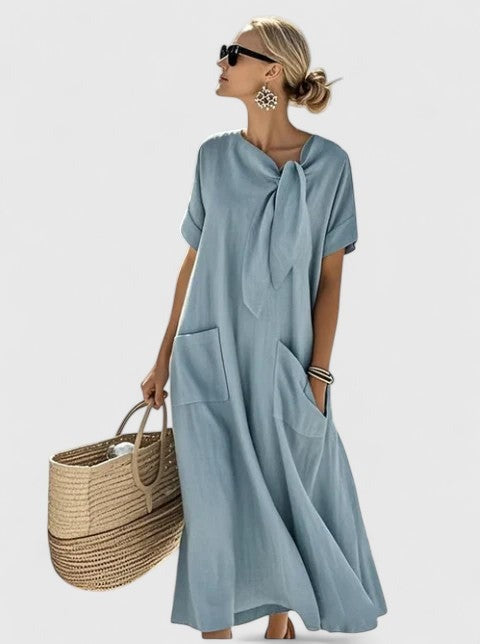 Women's Summer Maxi Dress with Tie Neckline and Pockets
