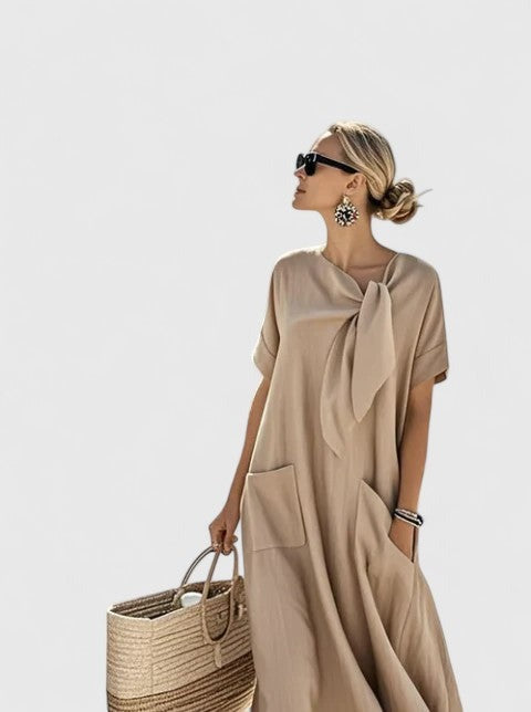 Women's Summer Maxi Dress with Tie Neckline and Pockets